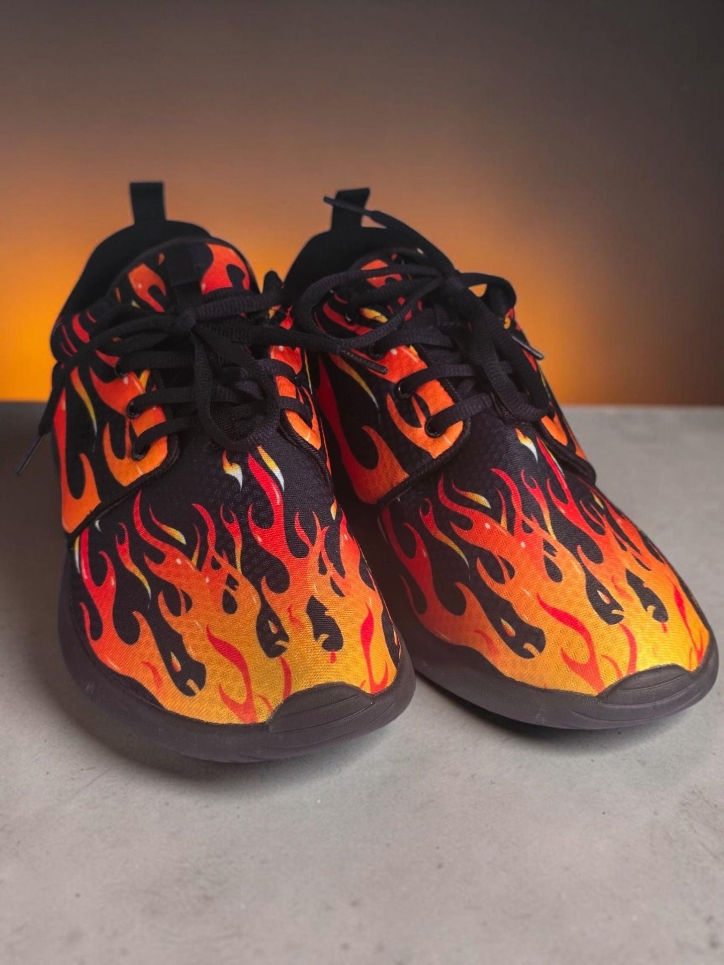 Flame Print Mesh Sneakers Size 47 Black Orange Fire Pattern Sport Shoes 2