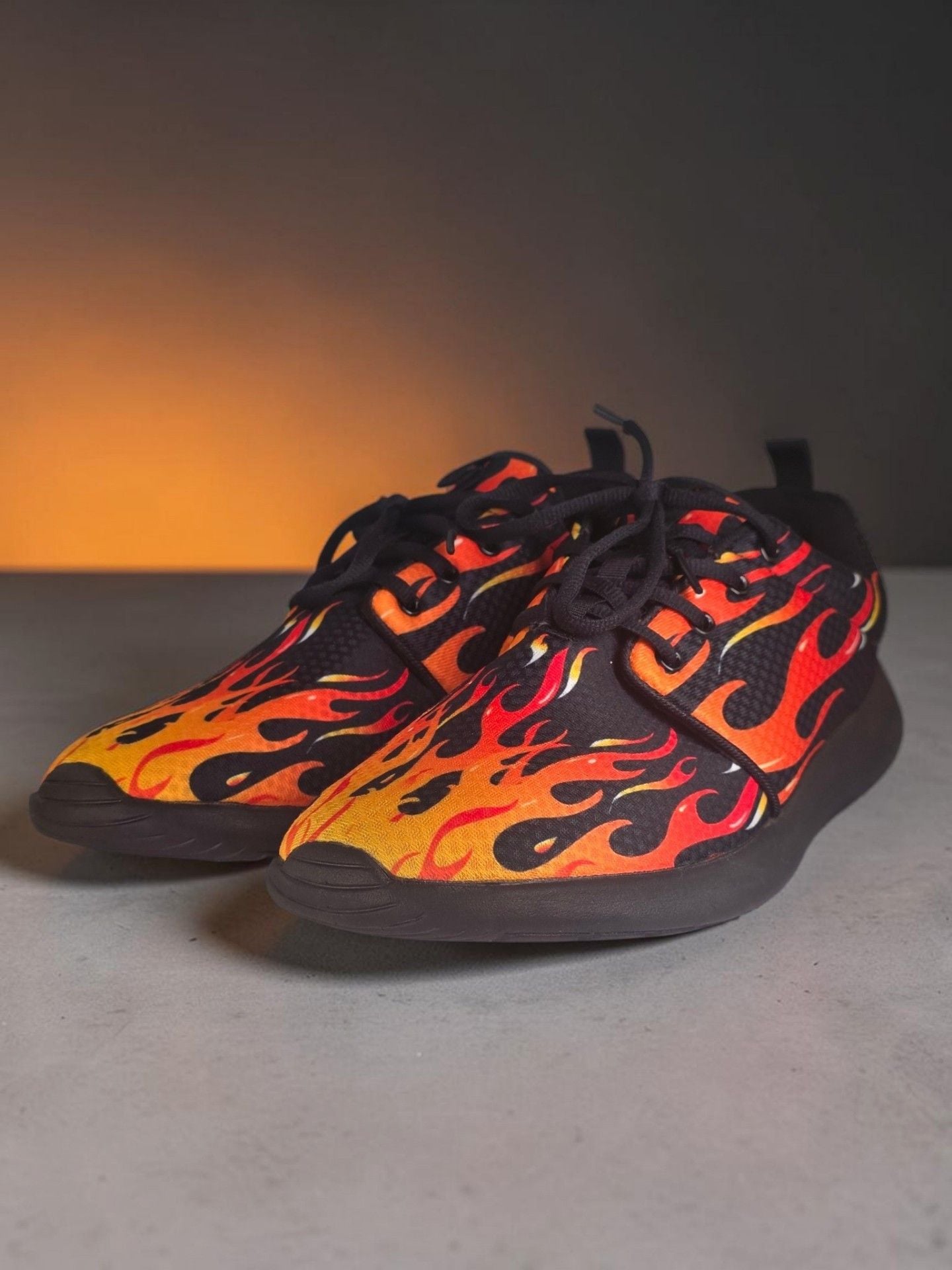 Flame Print Mesh Sneakers Size 47 Black Orange Fire Pattern Sport Shoes 3
