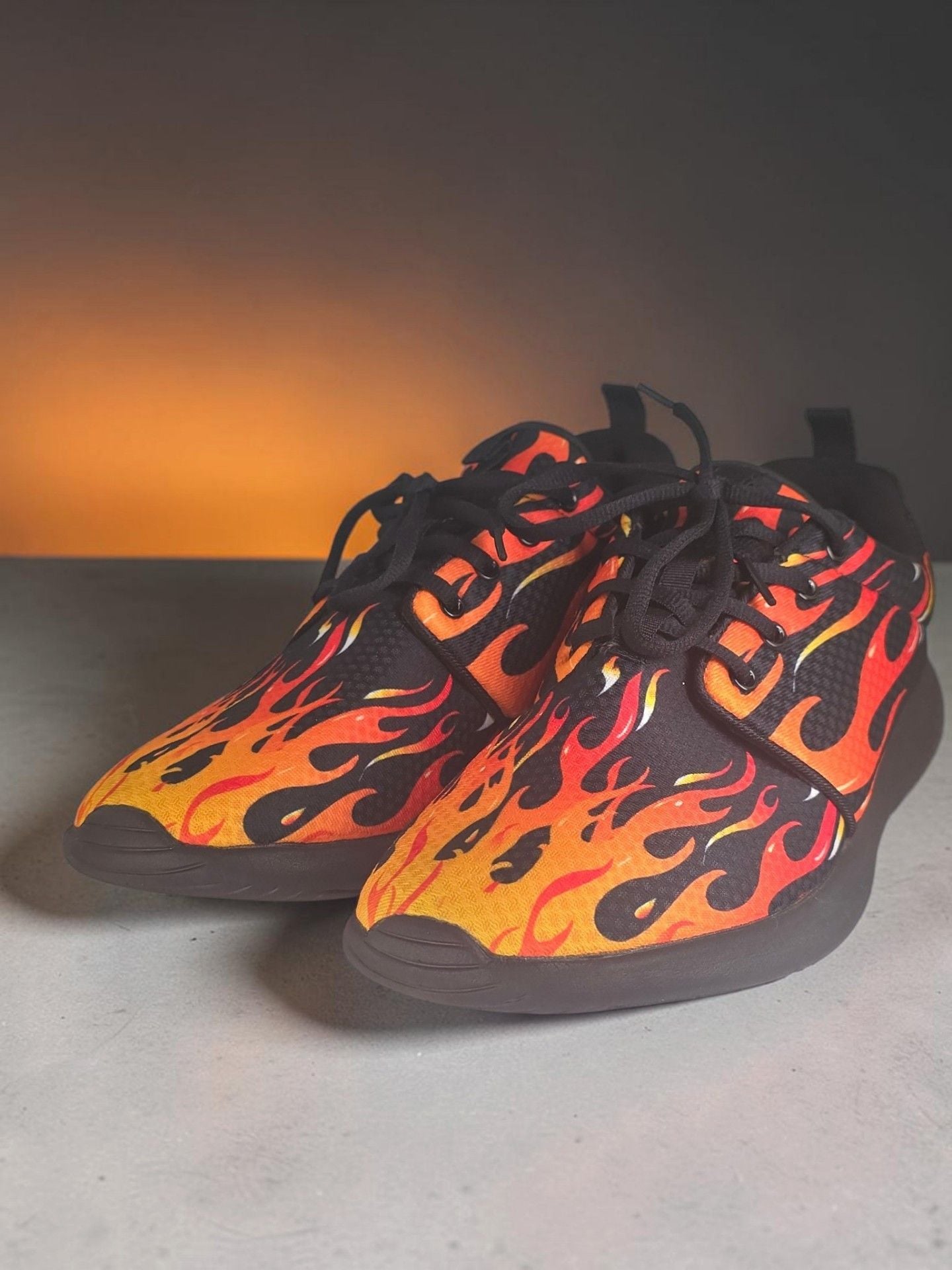Flame Print Mesh Sneakers Size 47 Black Orange Fire Pattern Sport Shoes 5
