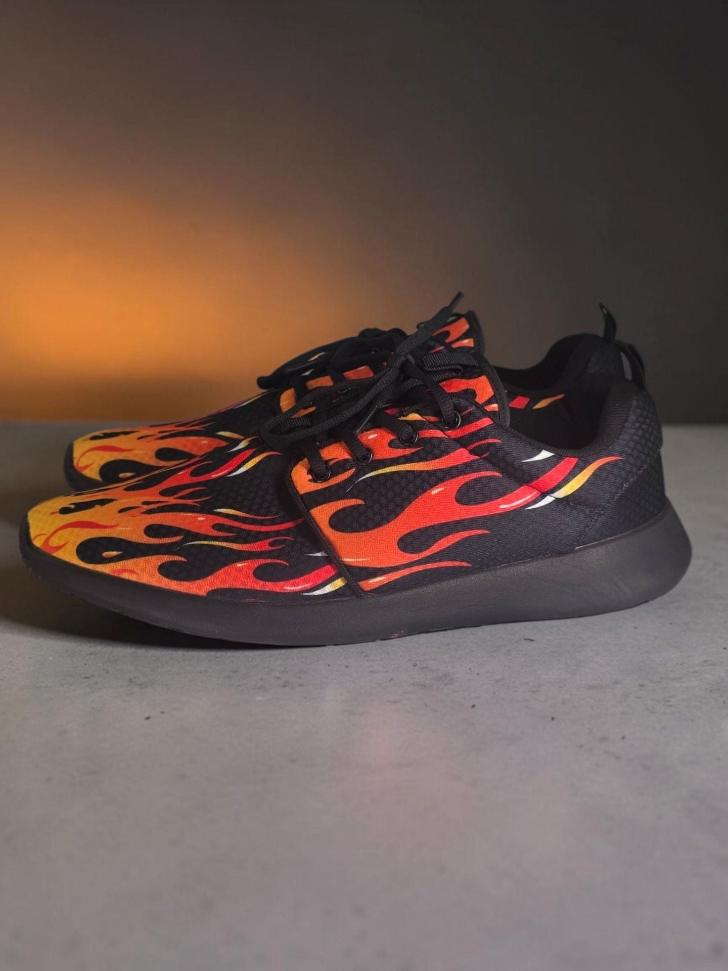 Flame Print Mesh Sneakers Size 47 Black Orange Fire Pattern Sport Shoes 6
