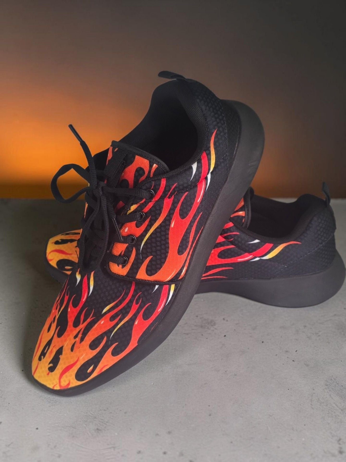 Flame Print Mesh Sneakers Size 47 Black Orange Fire Pattern Sport Shoes 9