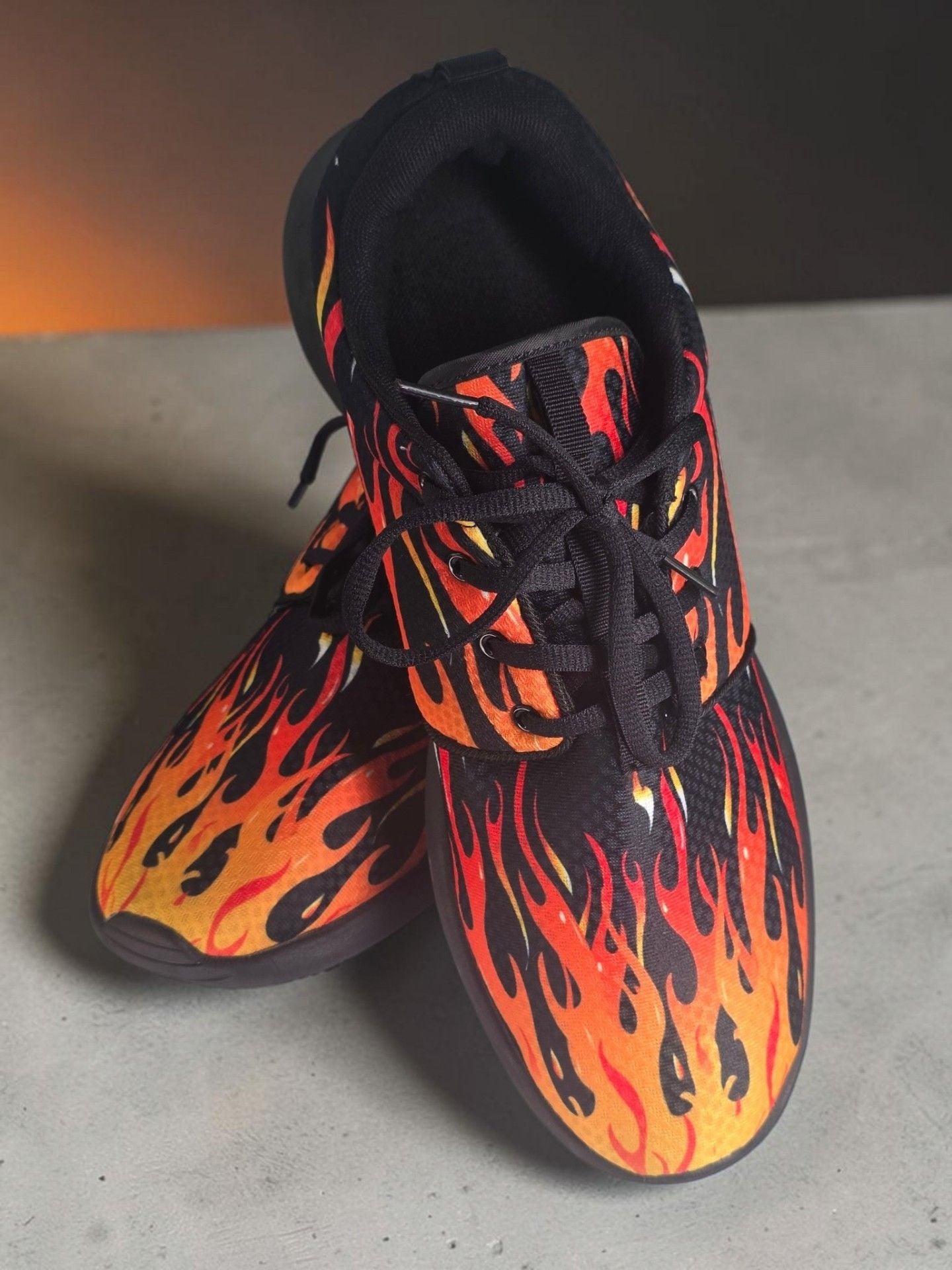 Flame Print Mesh Sneakers Size 47 Black Orange Fire Pattern Sport Shoes 10