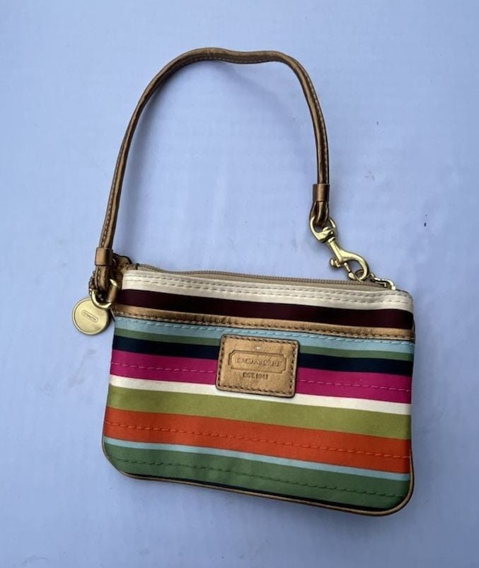 Coach Julia Legacy Stripe Satin Wristlet Multicolor Gold Leather Trim 2