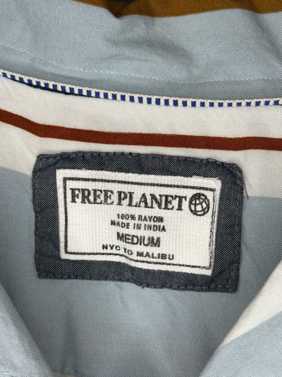 Free Planet Short Sleeve Button Up Shirt Size Medium Blue Striped Rayon 3