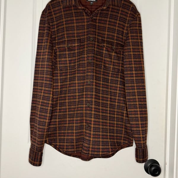 Express Plaid Long Sleeve Button Down Shirt Size S Brown Orange