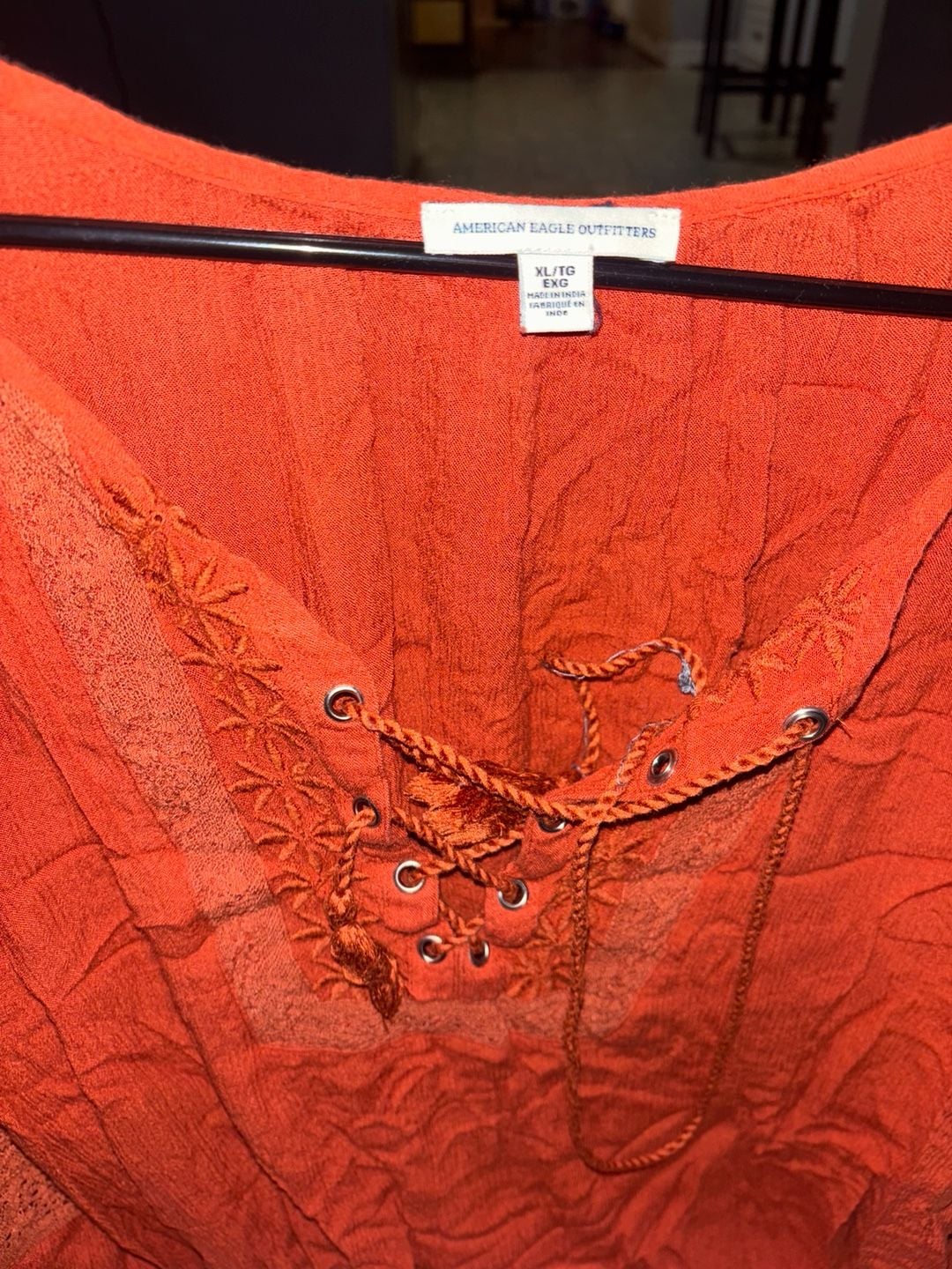 American Eagle Outfitters Lace-Up Top Size XL Orange Boho Blouse 2