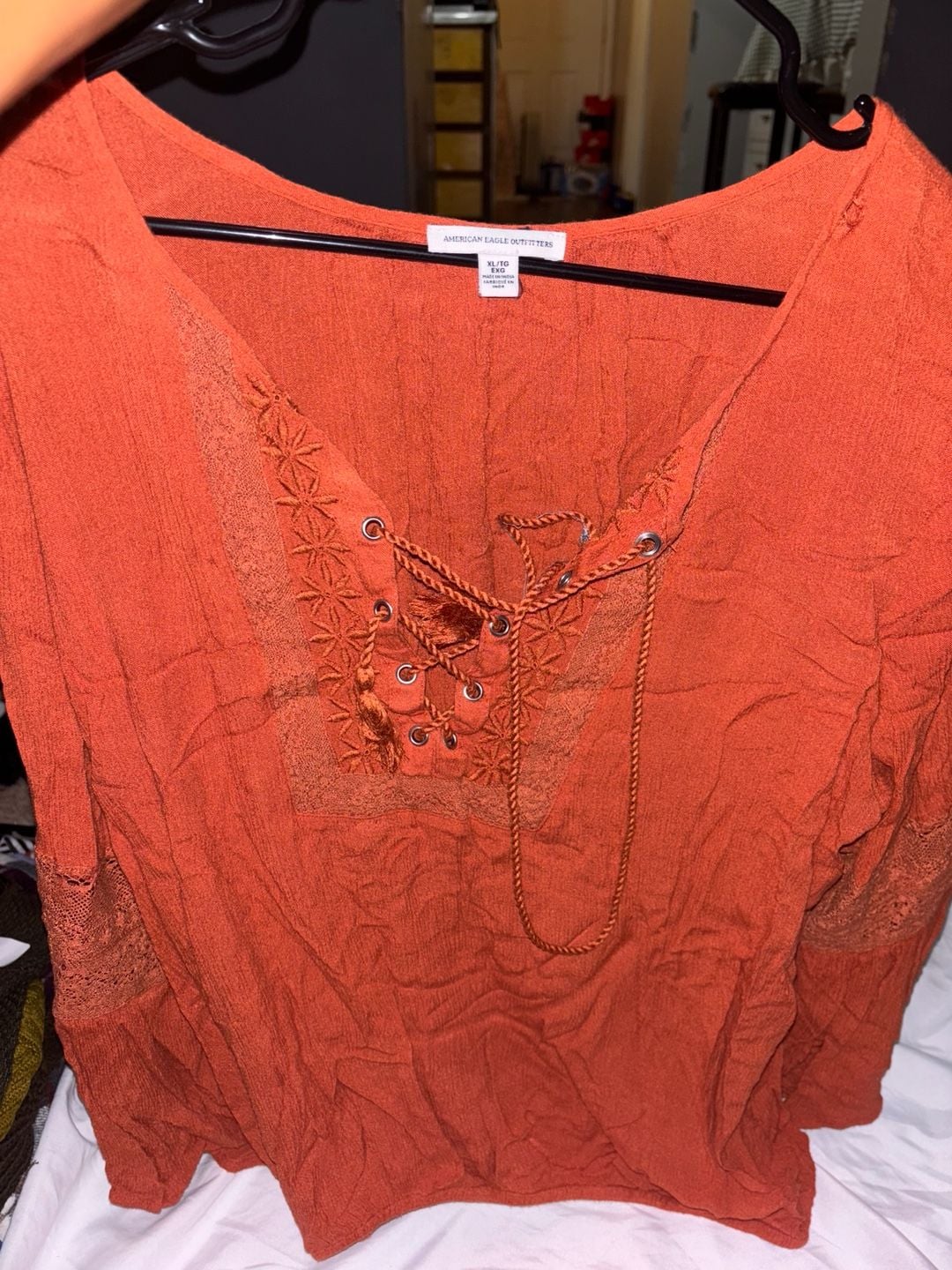 American Eagle Outfitters Lace-Up Top Size XL Orange Boho Blouse 3