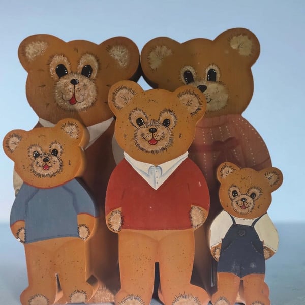 Vintage Hand-Painted Wooden Bear Family Figurine Shelf Sitters
