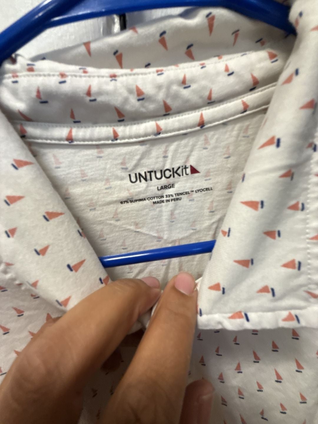 UNTUCKit Zandt Printed Performance Polo Large White Coral Sailboat 4