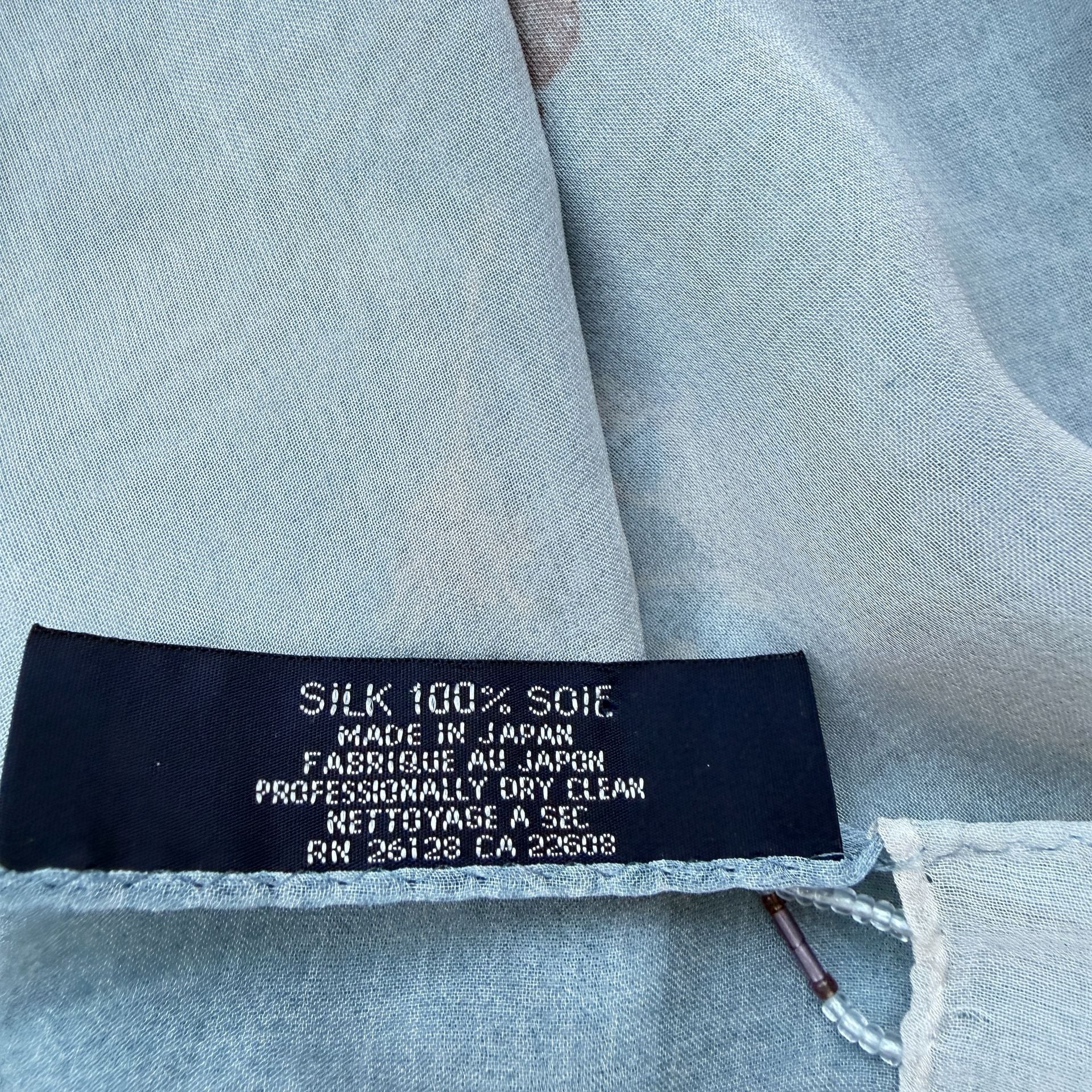 Ralph Lauren 100% Silk Blue Floral Beaded Scarf Wrap Made in Japan 3