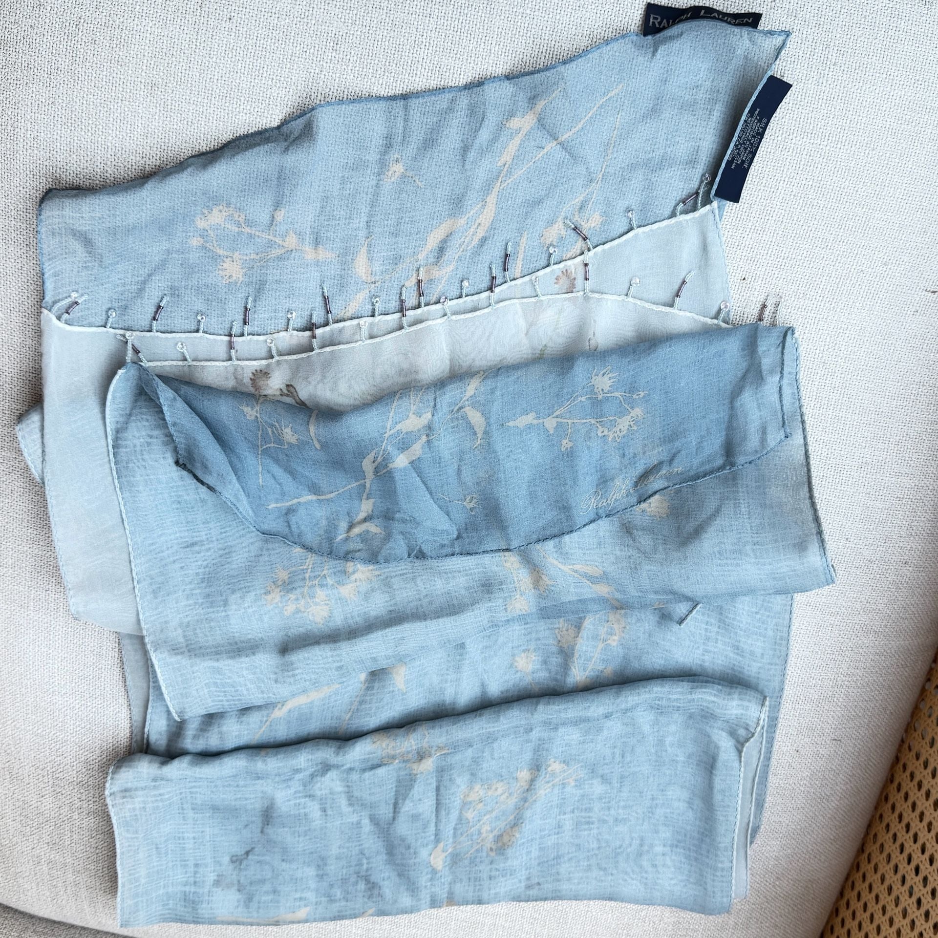 Ralph Lauren 100% Silk Blue Floral Beaded Scarf Wrap Made in Japan 4