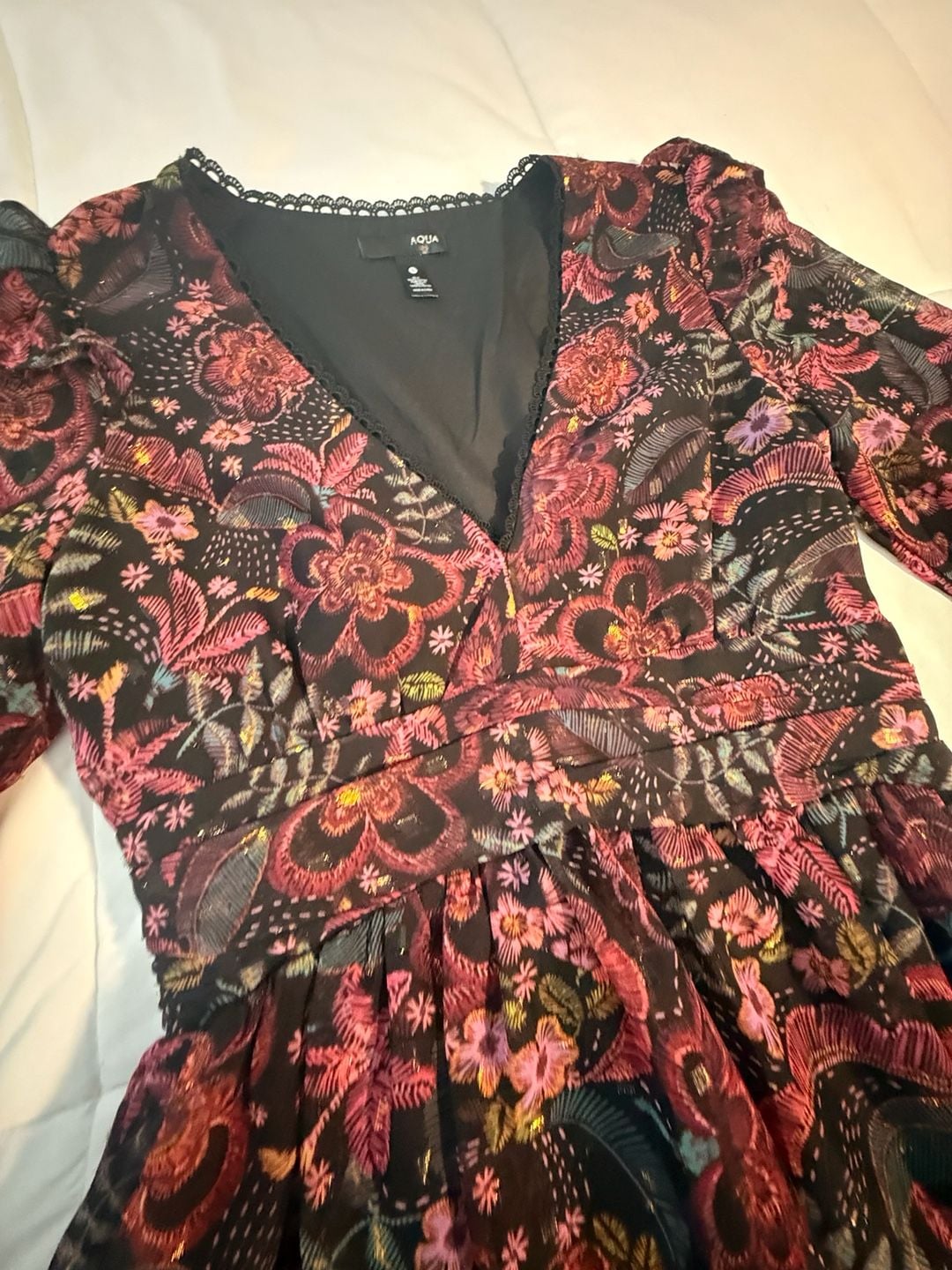 Aqua Metallic Floral Mini Dress Size S Long Sleeve Black Whimsigoth 8