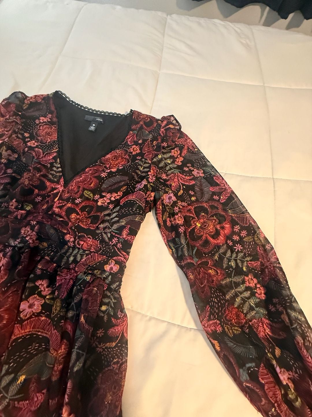 Aqua Metallic Floral Mini Dress Size S Long Sleeve Black Whimsigoth 9