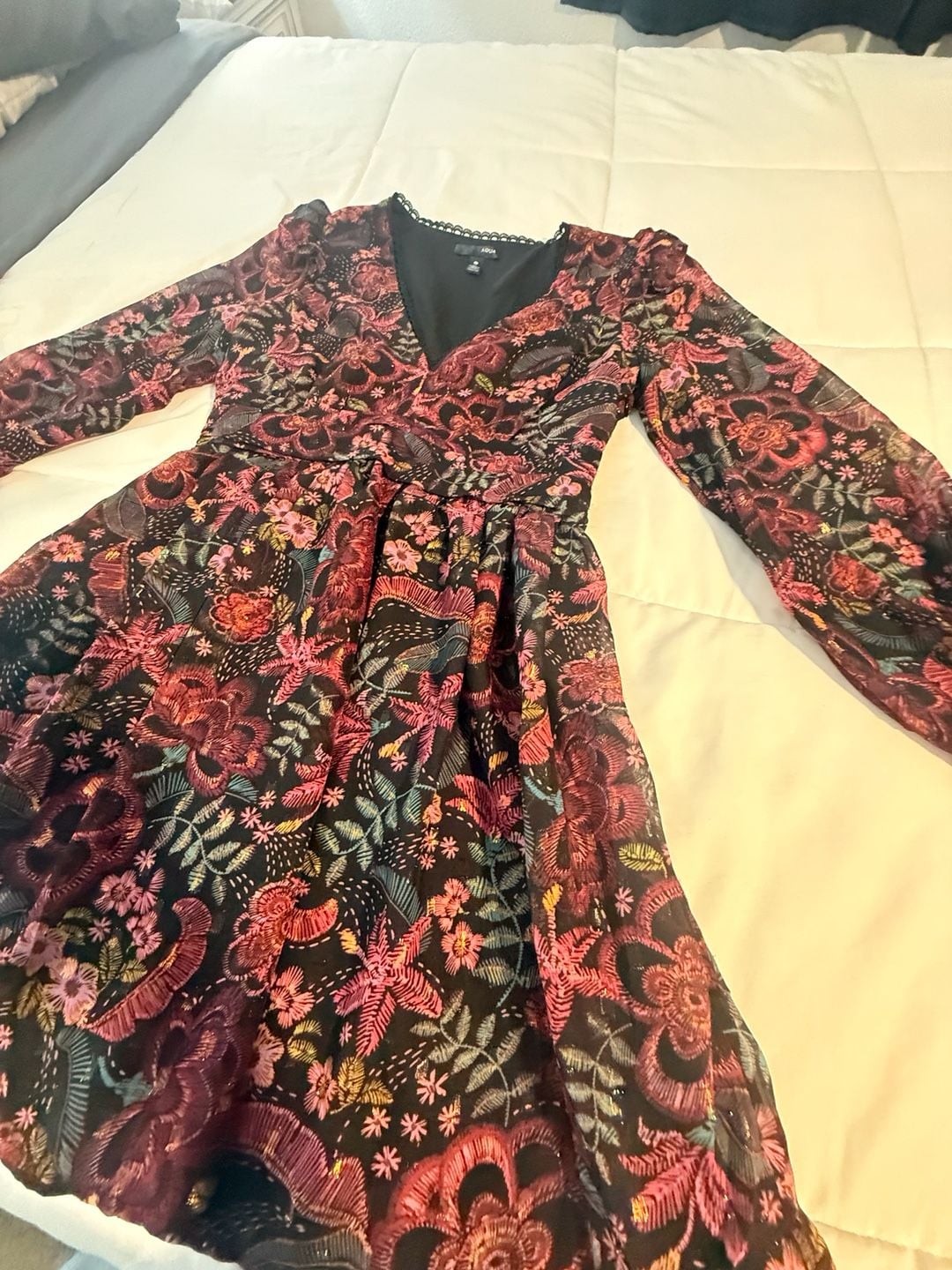 Aqua Metallic Floral Mini Dress Size S Long Sleeve Black Whimsigoth 10