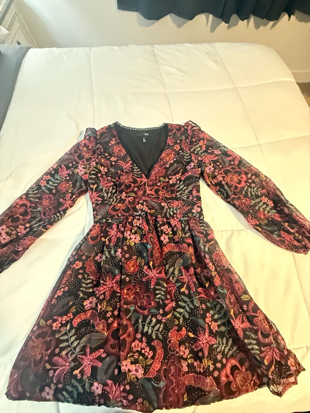 Aqua Metallic Floral Mini Dress Size S Long Sleeve Black Whimsigoth 11