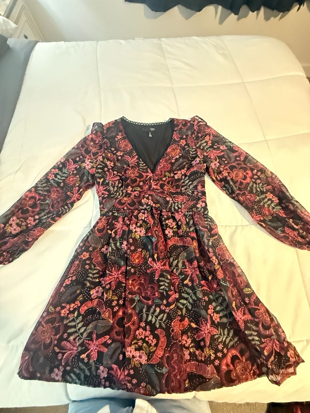 Aqua Metallic Floral Mini Dress Size S Long Sleeve Black Whimsigoth 12