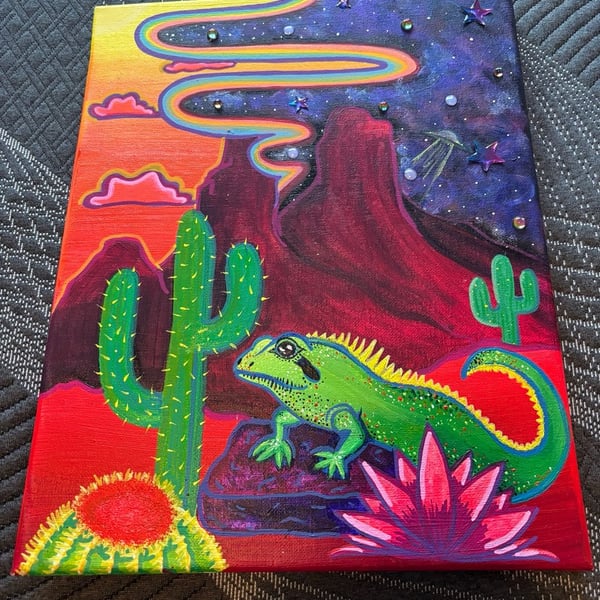 Handmade Psychedelic Desert Lizard Acrylic Painting on Canvas