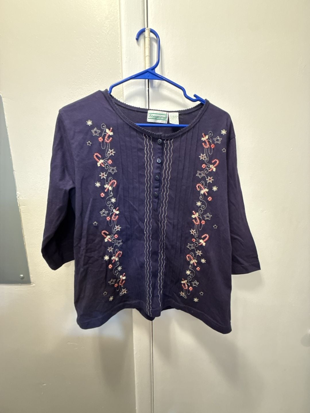 Shenanigans Christmas Embroidered Blouse Size L Blue Candy Cane Top 2