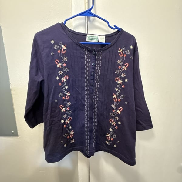 Shenanigans Christmas Embroidered Blouse Size L Blue Candy Cane Top
