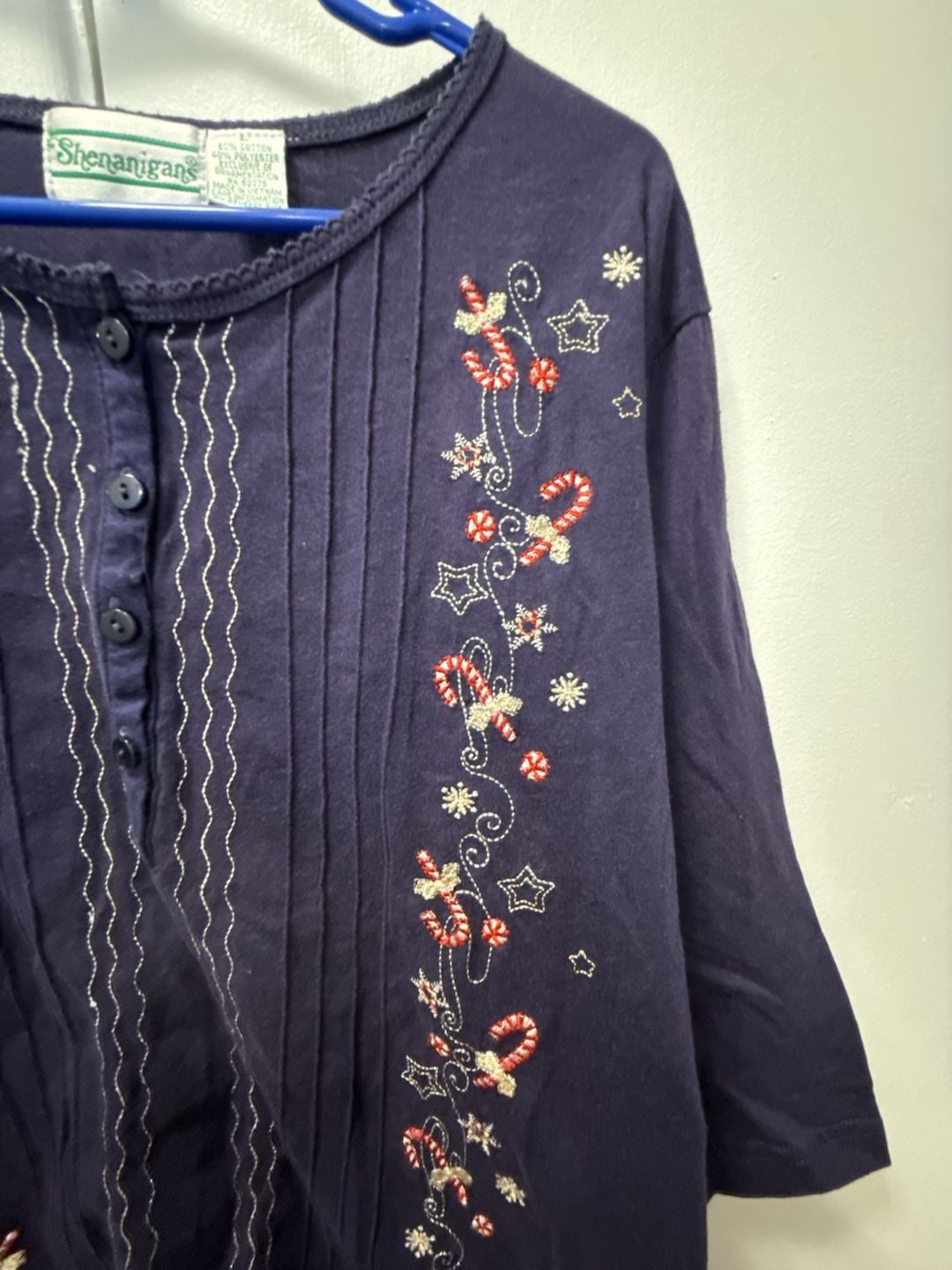 Shenanigans Christmas Embroidered Blouse Size L Blue Candy Cane Top 3