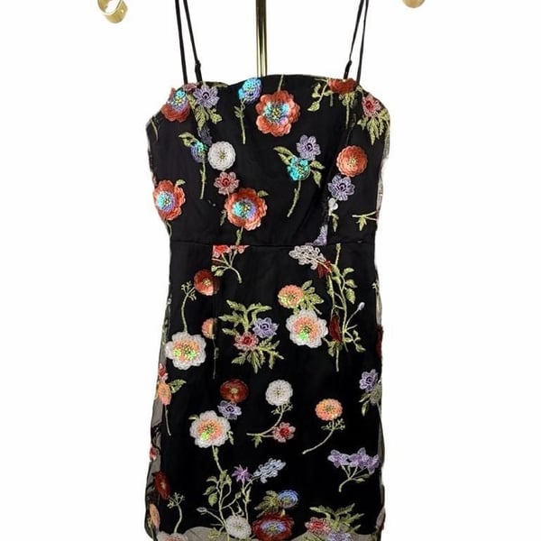 Lulus Blooming Aesthetic Black Floral Embroidered Sequin Mini Dress Size S