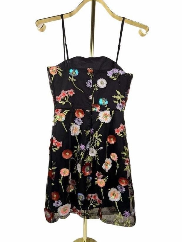 Lulus Blooming Aesthetic Black Floral Embroidered Sequin Mini Dress Size S 3