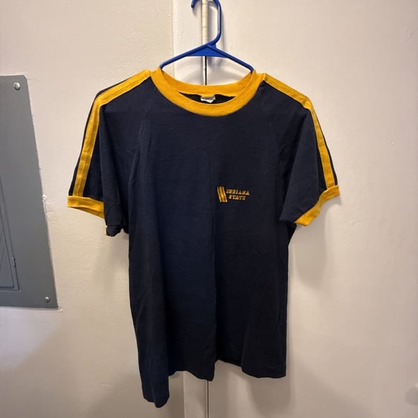 Champion Indiana State Ringer T-Shirt Size Large Vintage Navy Yellow