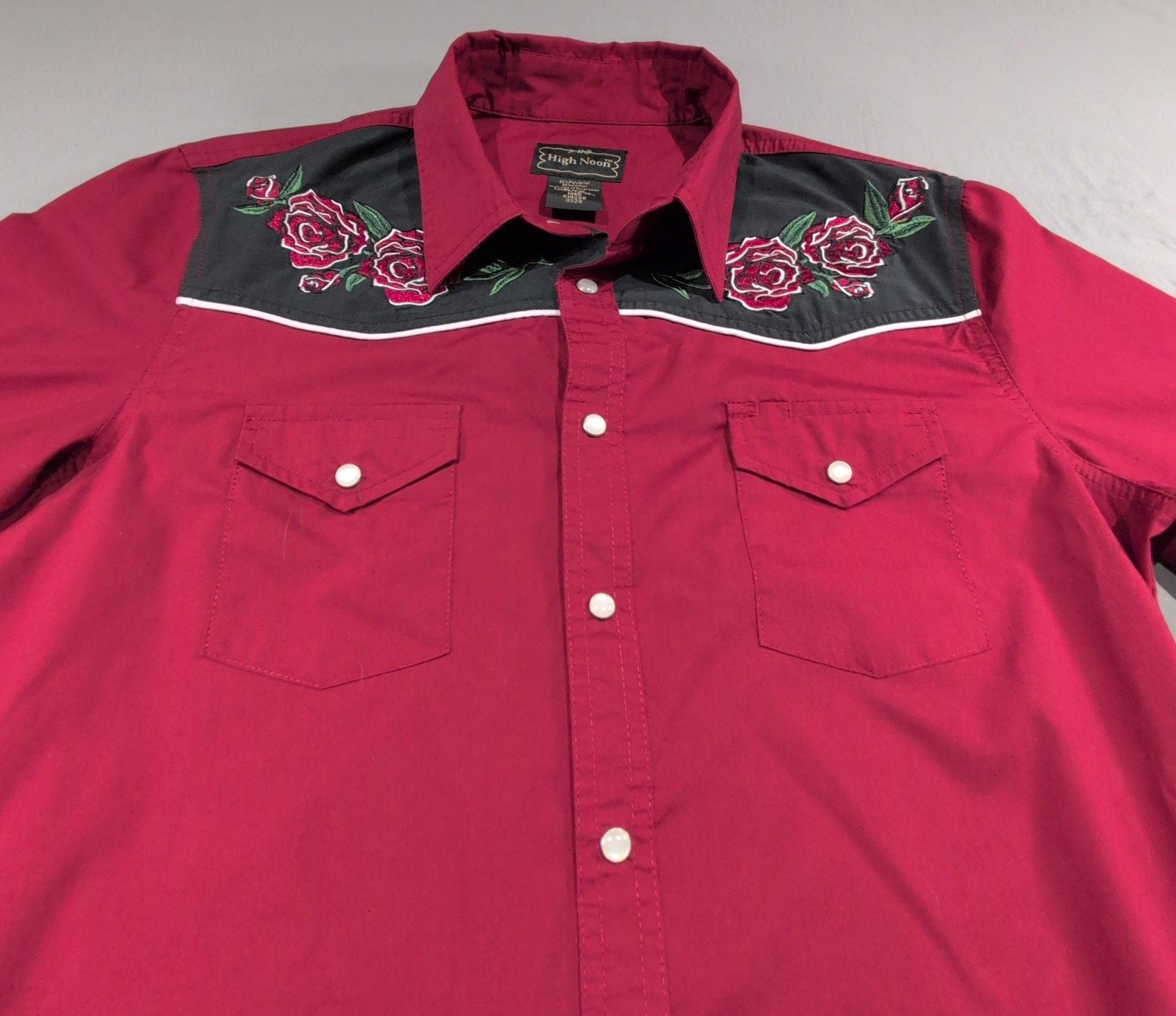 High Noon Western Shirt Size Med Red Rose Embroidered Pearl Snap Cowboy 2