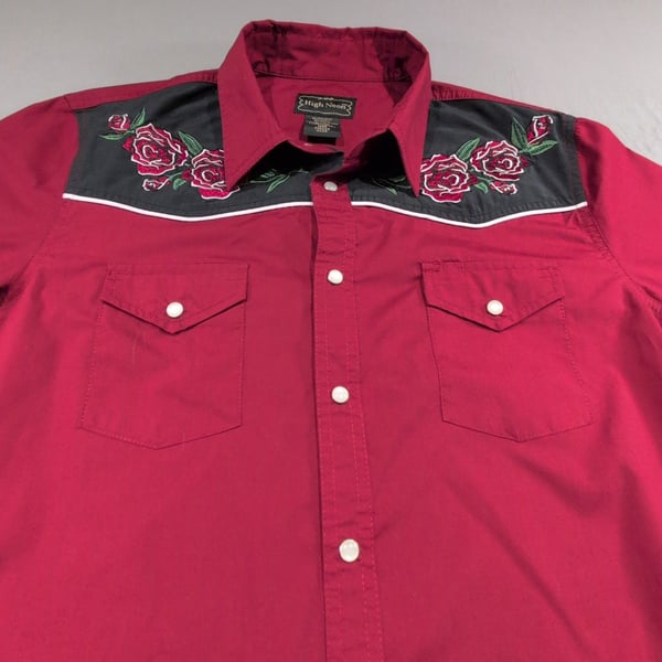 High Noon Western Shirt Size Med Red Rose Embroidered Pearl Snap Cowboy