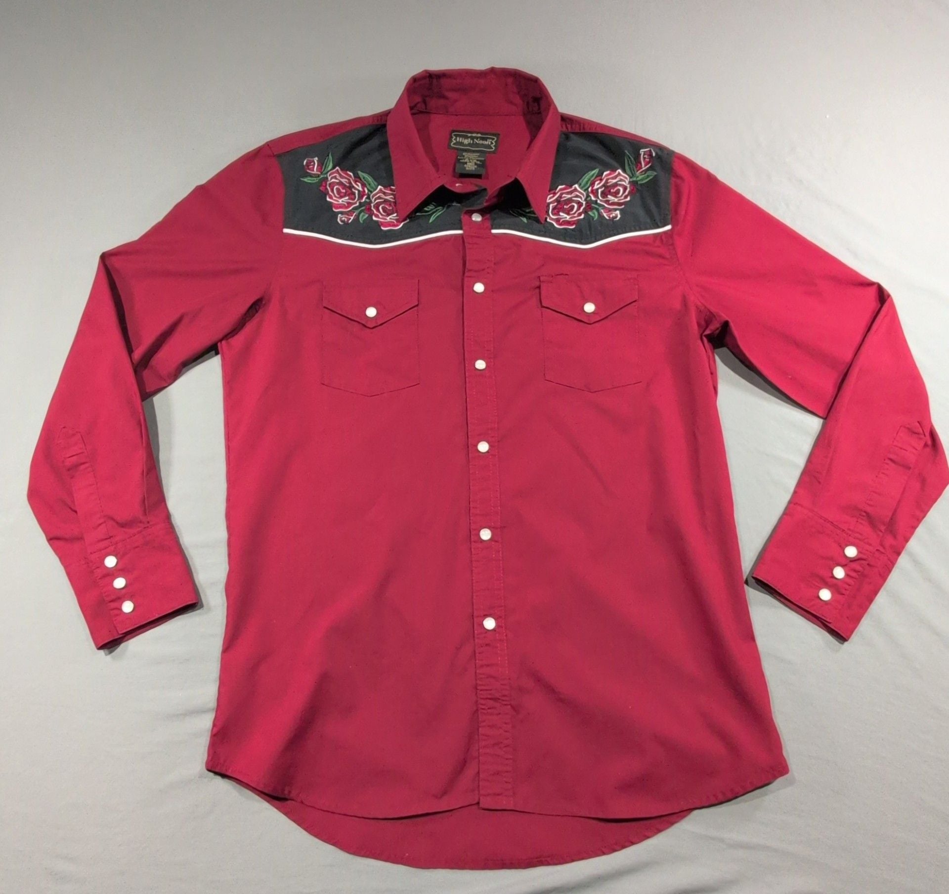 High Noon Western Shirt Size Med Red Rose Embroidered Pearl Snap Cowboy 4