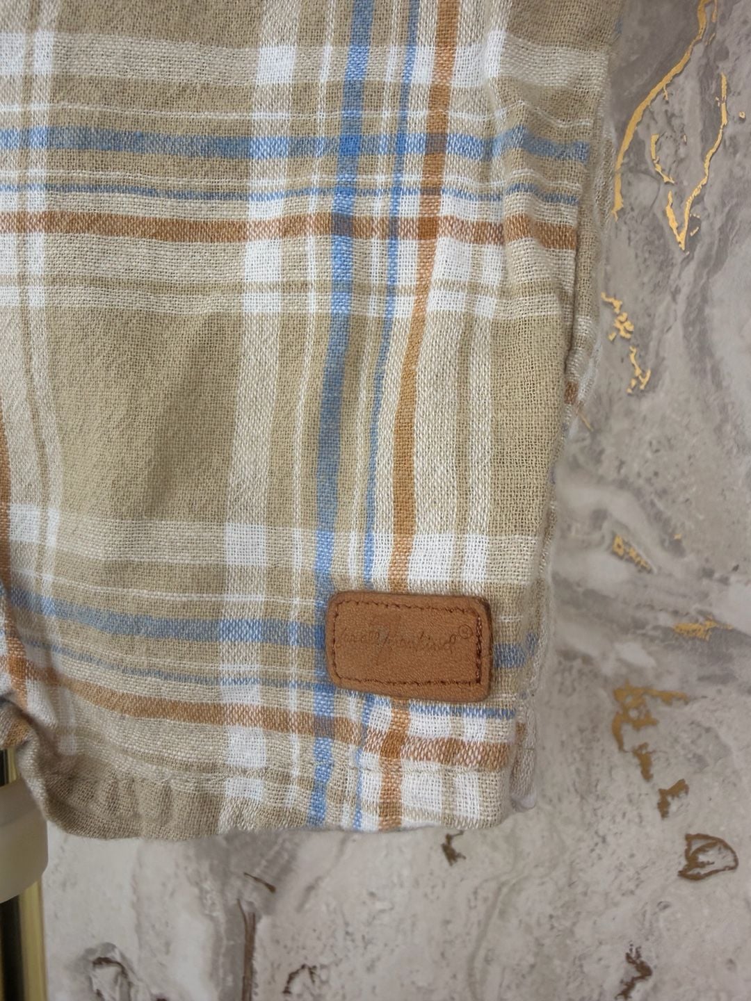 7 For All Mankind Plaid Button Up Shirt Size 18M Short Sleeve Tan Blue 4
