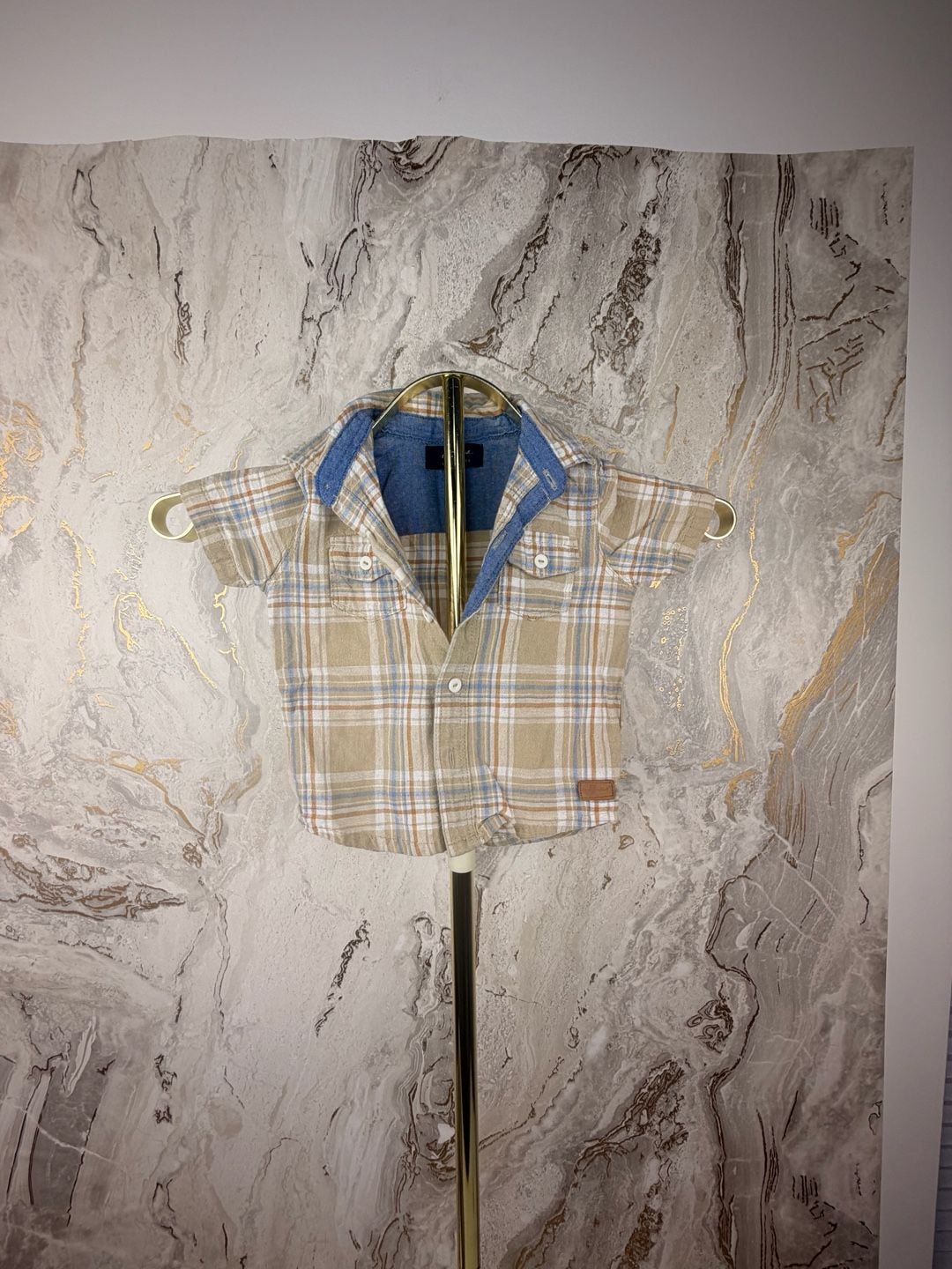 7 For All Mankind Plaid Button Up Shirt Size 18M Short Sleeve Tan Blue 2