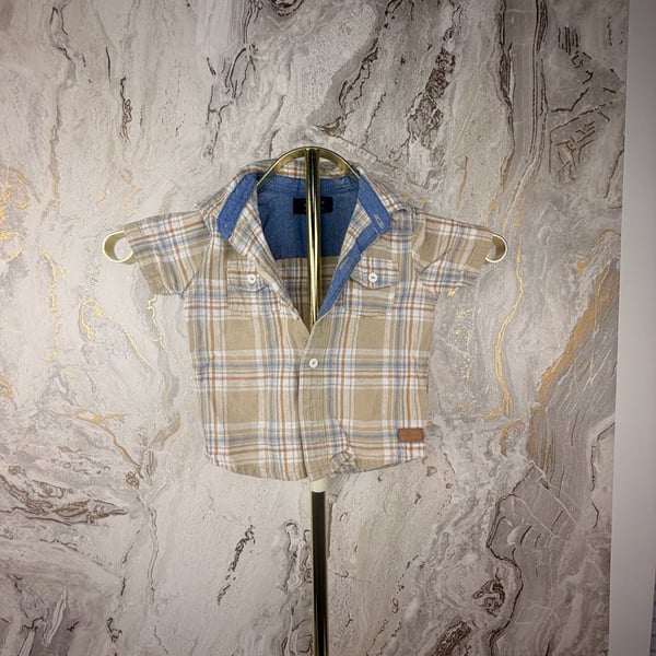 7 For All Mankind Plaid Button Up Shirt Size 18M Short Sleeve Tan Blue