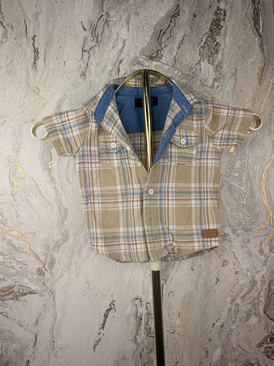 7 For All Mankind Plaid Button Up Shirt Size 18M Short Sleeve Tan Blue 6