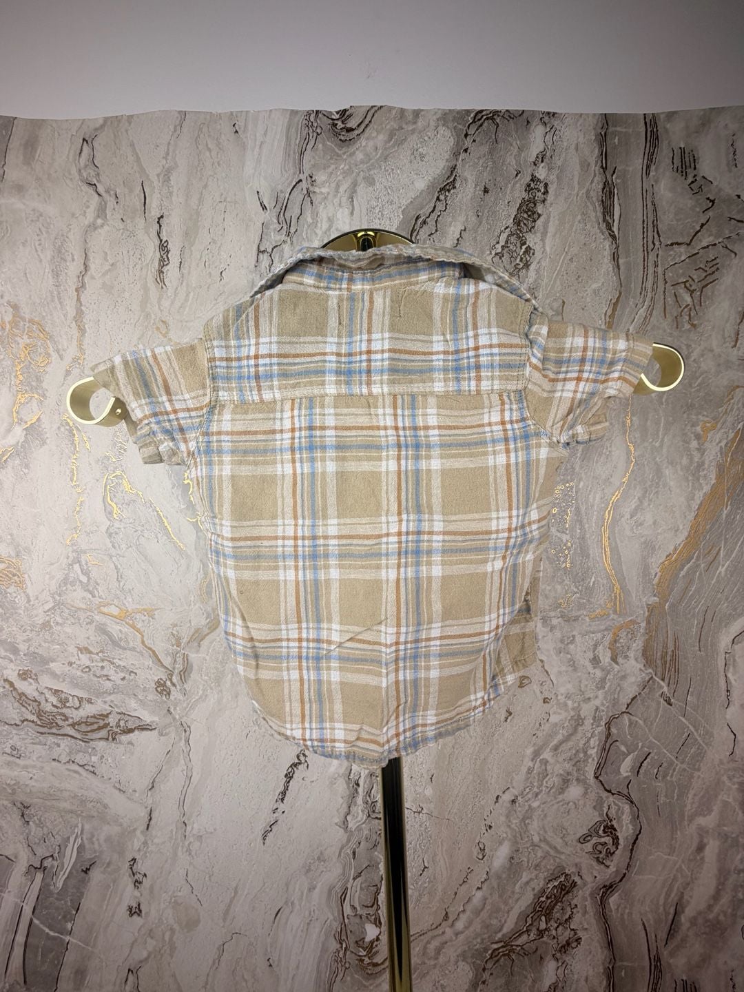 7 For All Mankind Plaid Button Up Shirt Size 18M Short Sleeve Tan Blue 3