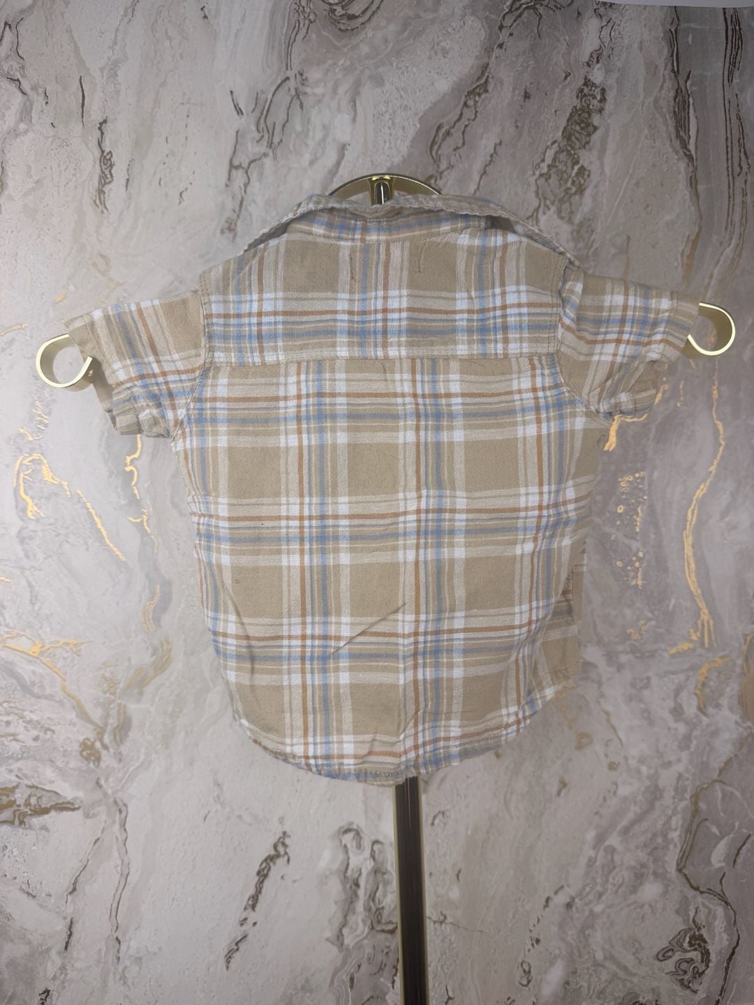 7 For All Mankind Plaid Button Up Shirt Size 18M Short Sleeve Tan Blue 7