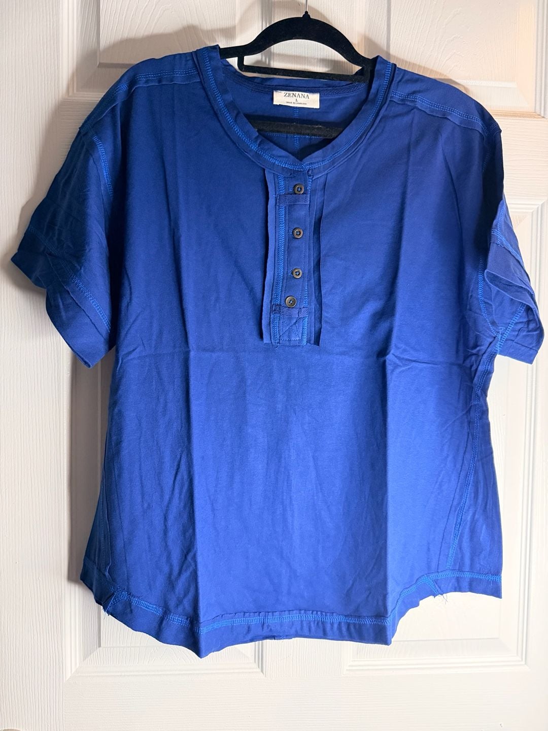 Zenana Henley Shirt Size L Royal Blue Short Sleeve Button Top 2