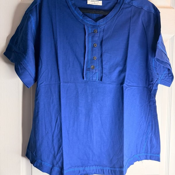 Zenana Henley Shirt Size L Royal Blue Short Sleeve Button Top
