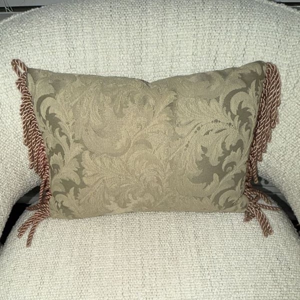 Luxury Amy Karyn 90s Accent Pillow Size 11x7 Beige Damask Fringe