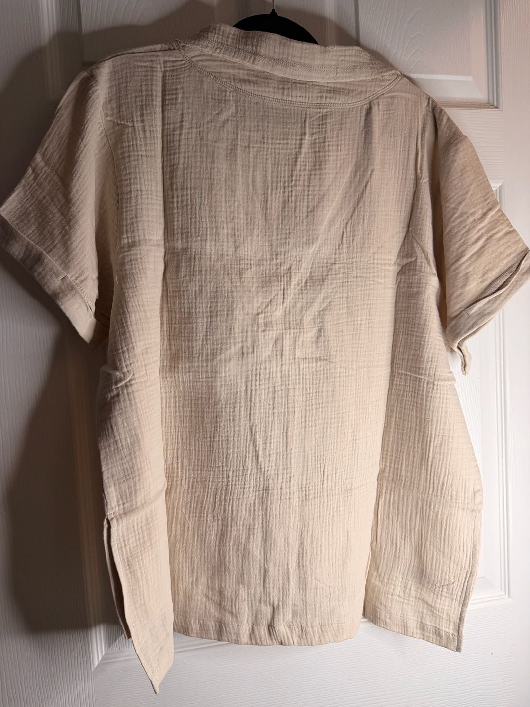 Zenana Double Gauze Short Sleeve Top Size L Beige V-Neck High-Low Tunic 3