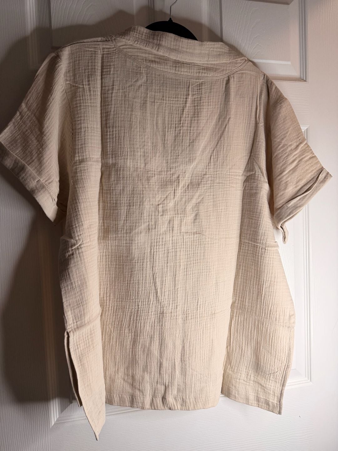 Zenana Double Gauze Short Sleeve Top Size L Beige V-Neck High-Low Tunic 6