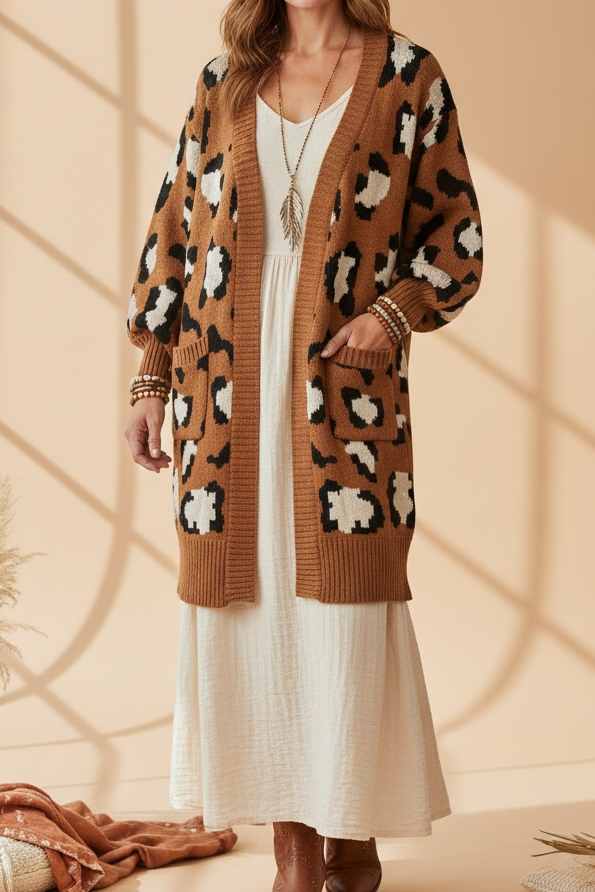 Very J Leopard Print Cardigan Size L Brown Knit Sweater 2