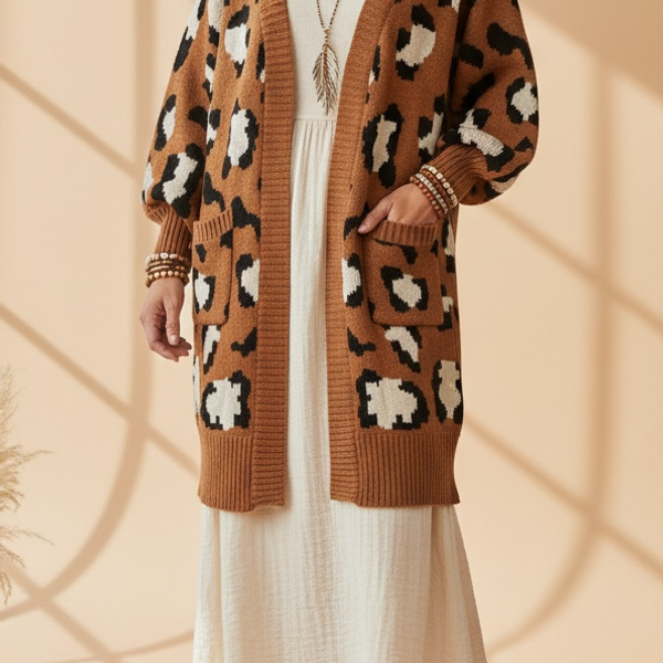 Very J Leopard Print Cardigan Size L Brown Knit Sweater