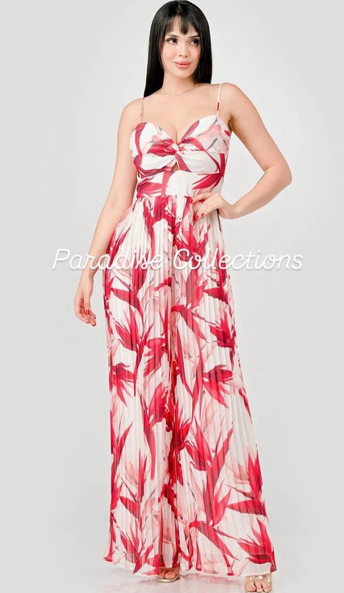 Privy Floral Pleated Jumpsuit Size L Red White Cutout Wide Leg 2