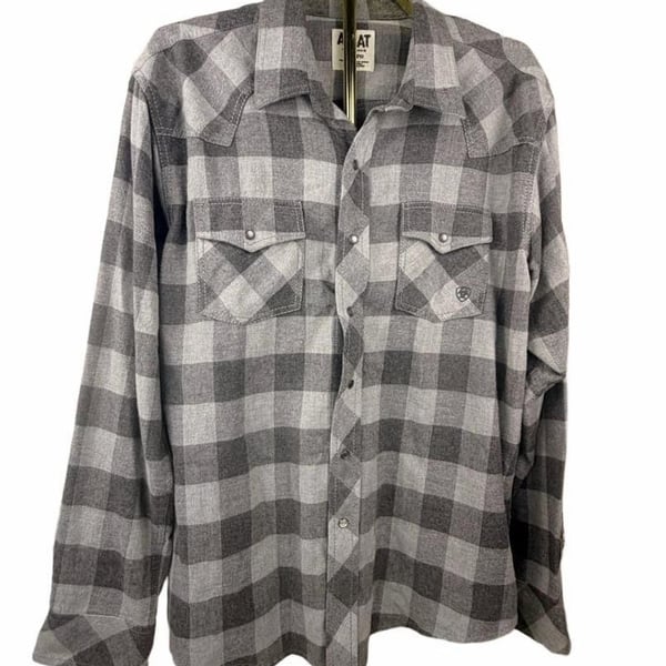 Ariat Wes Retro Fit Plaid Flannel Shirt Size XL Grey Buffalo Check