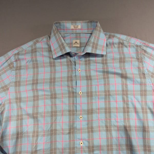 Peter Millar Long Sleeve Button Down Shirt Extra Large Blue Pink Plaid Classy
