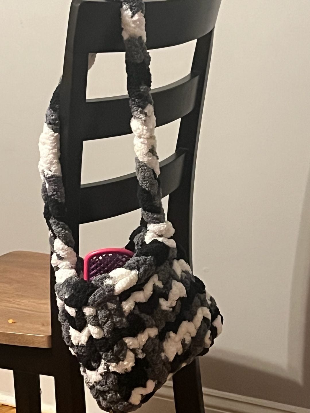 Handmade Chunky Chenille Shoulder Bag Black Gray White 1