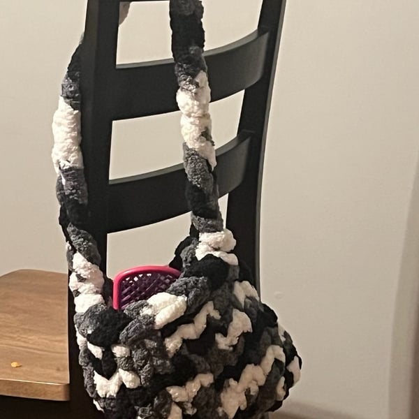 Handmade Chunky Chenille Shoulder Bag Black Gray White