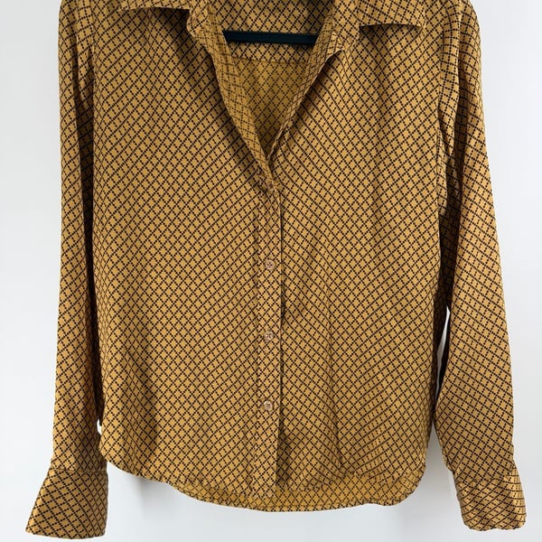 Mossimo Silk Geometric Button Front Blouse Size M Mustard Brown