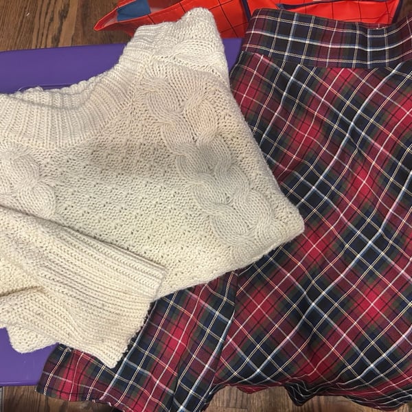 Torrid Red Plaid Twill Pleated Skater Skirt & Cable Knit Sweater Large